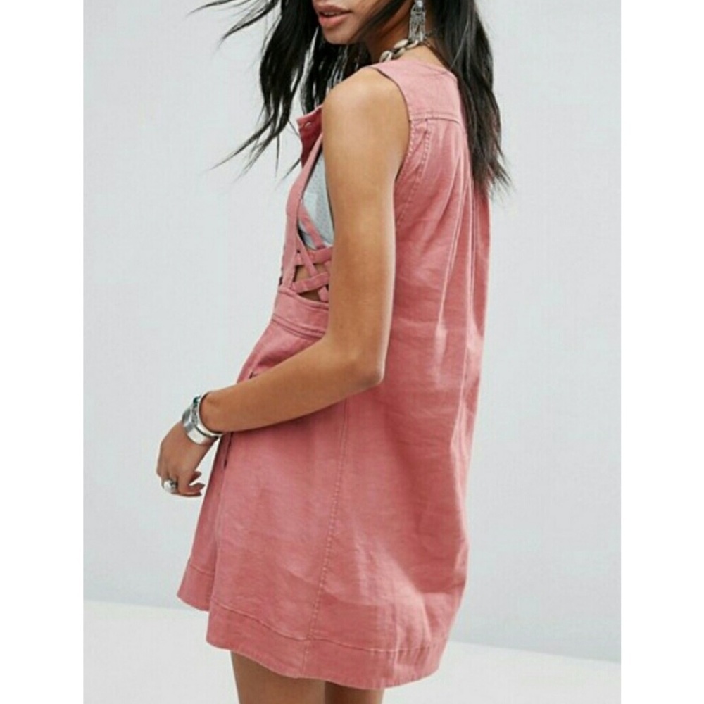 Free People Moonshine Linen Blend Sleeveless Pintuck Mini Dress, Salmon Pink - S - Picture 3 of 10